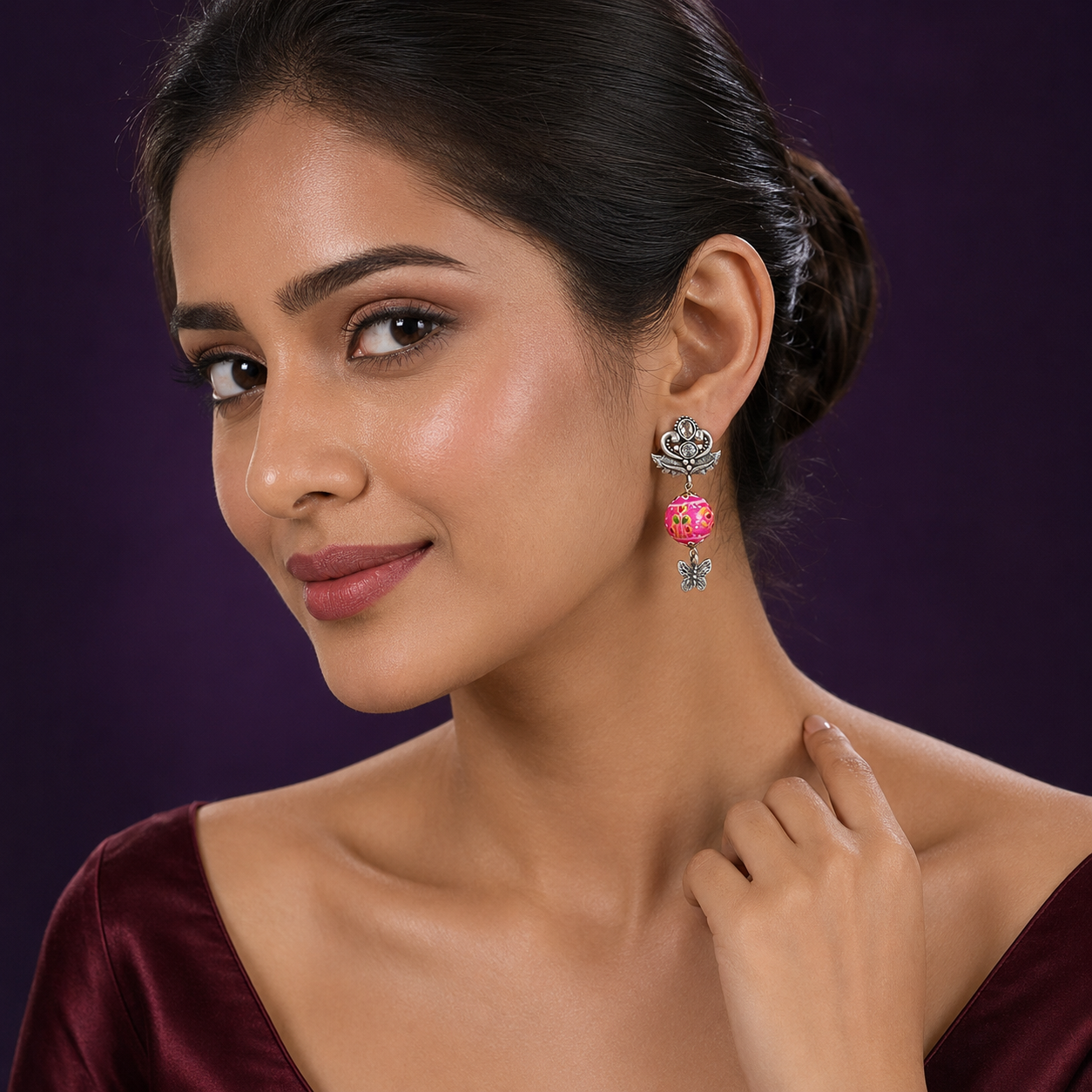 Hand-Painted Pink Bead Drop Earrings with Butterfly Charm & Oxidized Silver Detail