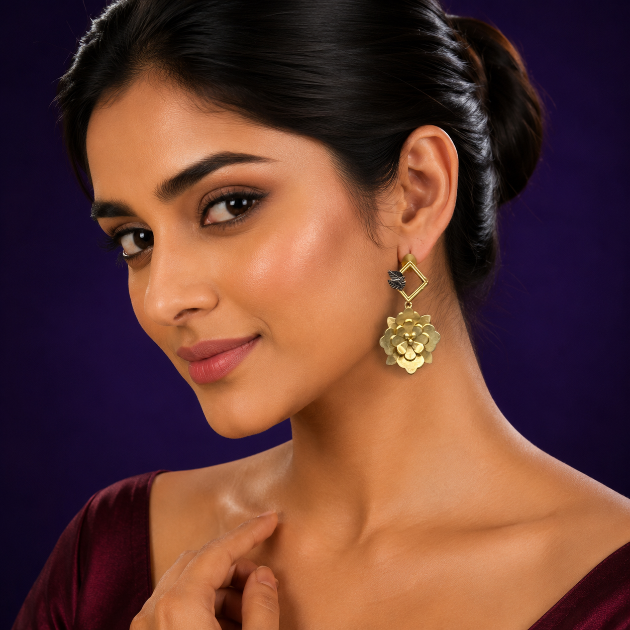 Gold-Plated Floral Drop Earrings with Geometric Design & Leaf Detailing