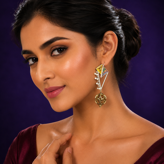 Gold-Plated Geometric Drop Earrings with Yellow Enamel & Pearl Beads