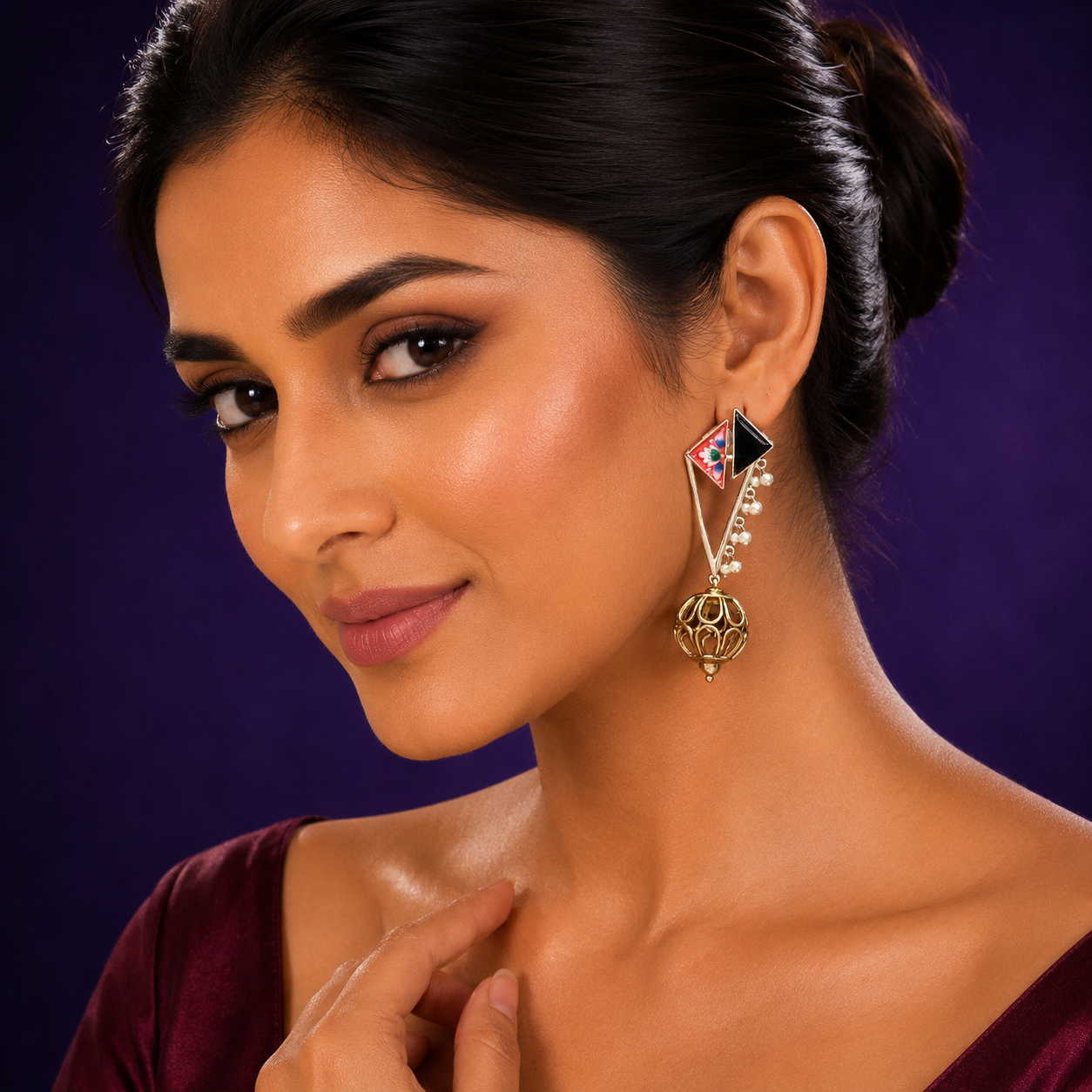 Gold-Plated Geometric Drop Earrings with Black Enamel & Pearl Beads