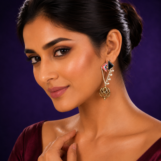 Gold-Plated Geometric Drop Earrings with Black Enamel & Pearl Beads