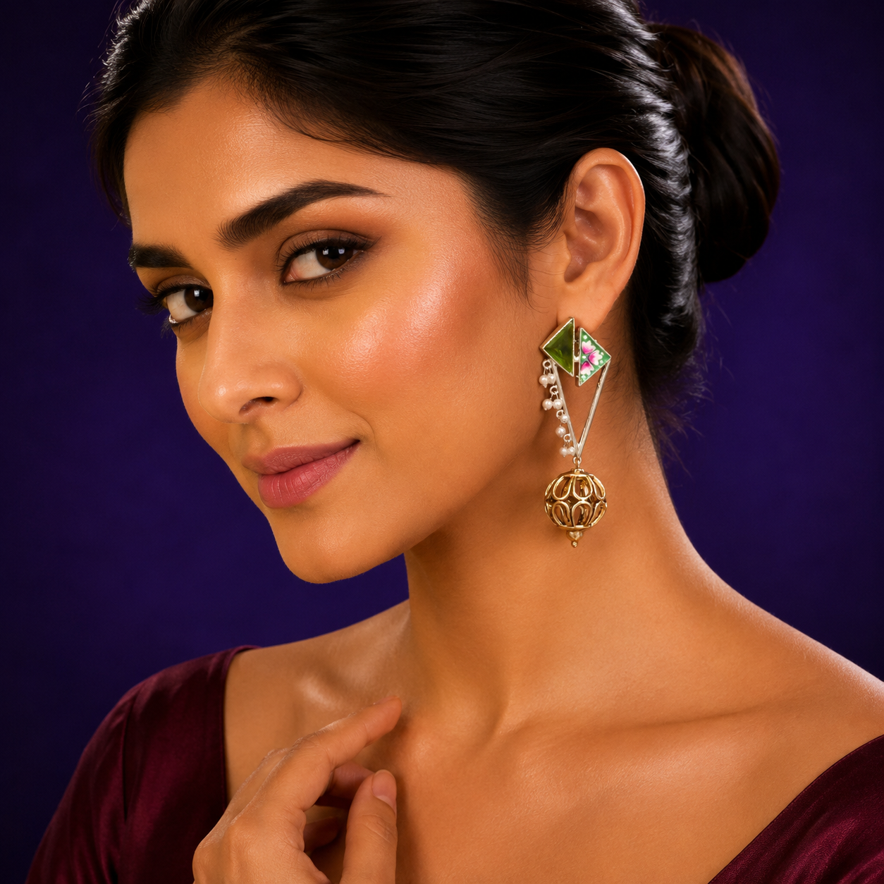 Gold-Plated Geometric Drop Earrings with Green Enamel & Pearl Beads