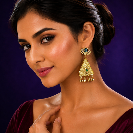 Unique Evil Eye Statement Earrings with Red Stone and Gold Triangle & Beaded Danglers