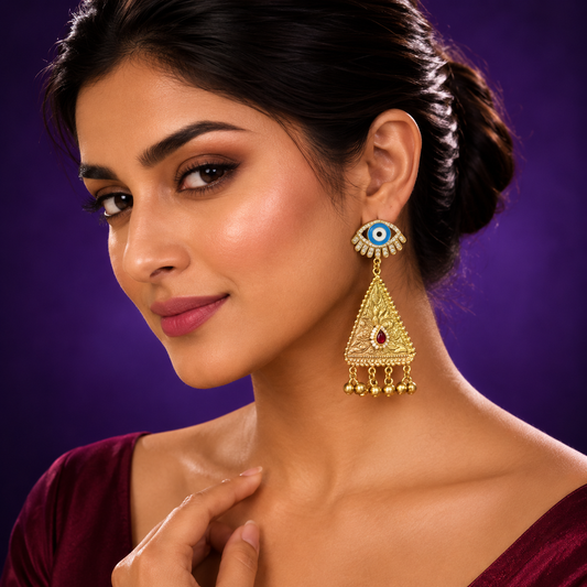 Unique Evil Eye Statement Earrings with Gold Triangle & Beaded Danglers