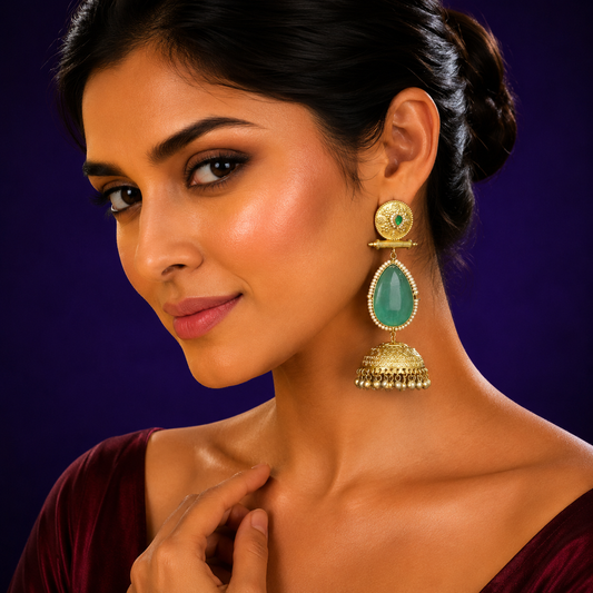 Gold-Plated Jhumka Earrings with Aqua Stone & Pearl Detailing