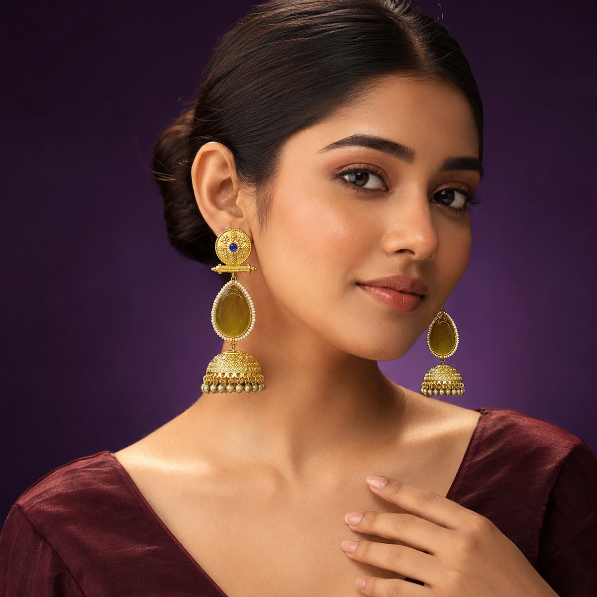 Gold-Plated Jhumka Earrings with Yellow Stone & Pearl Detailing