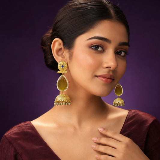 Gold-Plated Jhumka Earrings with Yellow Stone & Pearl Detailing