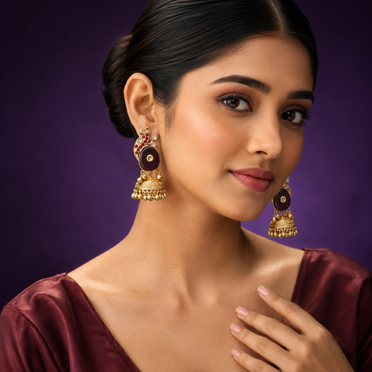Gold-Plated Peacock Design Jhumka Earrings with Red Stone & Kundan Detailing