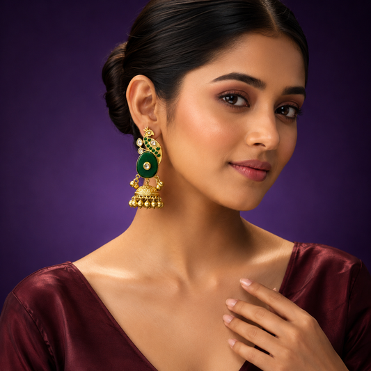 Gold-Plated Peacock Design Jhumka Earrings with Green Stone & Kundan Detailing