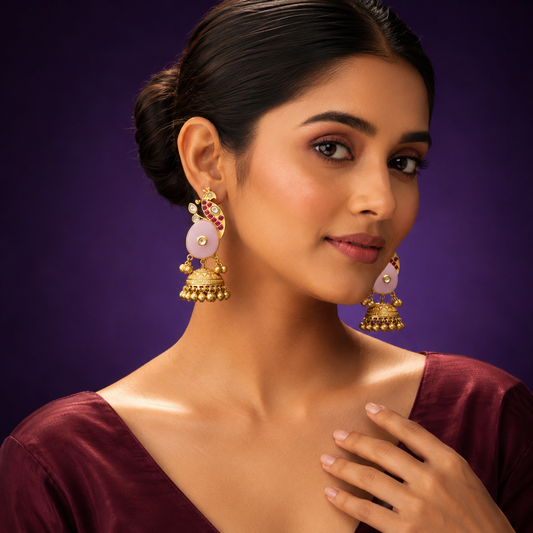 Gold-Plated Peacock Design Jhumka Earrings with Pink Stone & Kundan Detailing