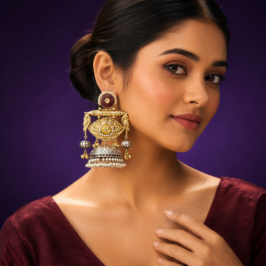 Antique Gold-Silver Plated Jhumka Earrings with Peacock Motif & Pearls
