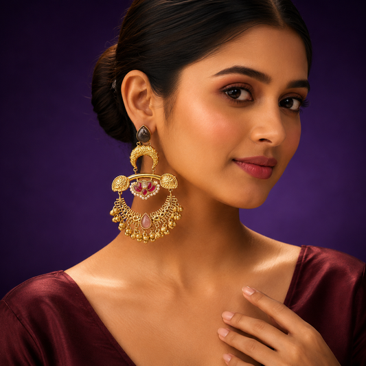 Gold-Plated Black Chandbali Earrings with Enamel and Beaded Drops
