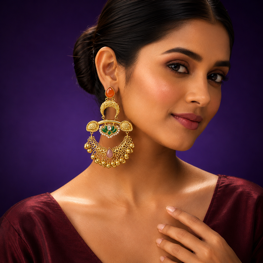 Ethnic Gold-Plated Chandbali Earrings with Enamel and Beaded Drops