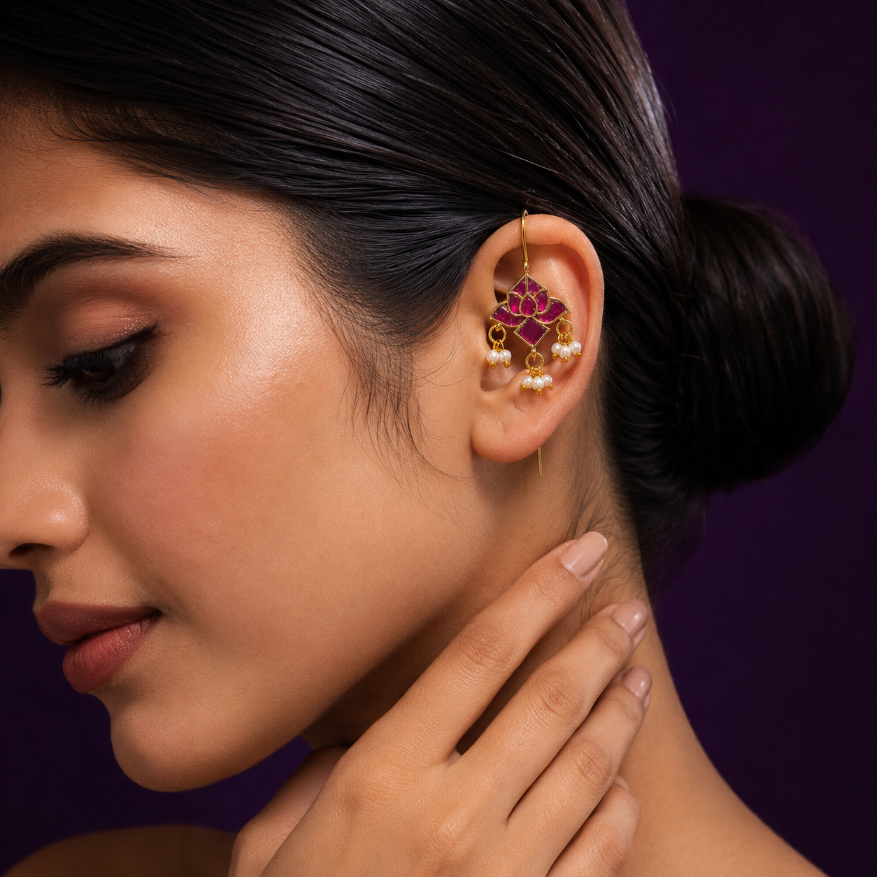 Ethnic Lotus Kundan Ruby Earcuff