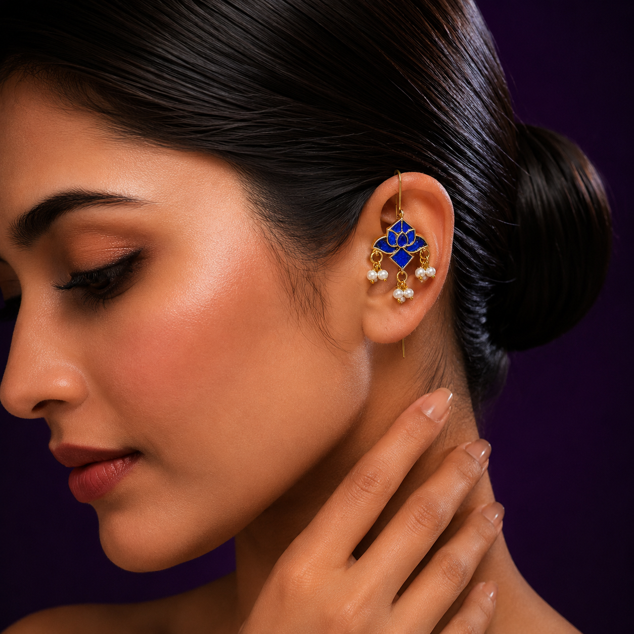 Ethnic Lotus Kundan Blue Earcuff