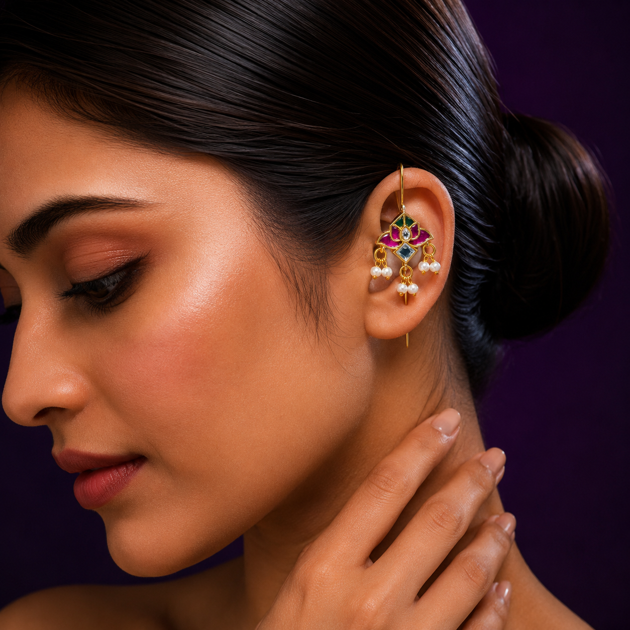 Ethnic Lotus Kundan Multi Earcuff