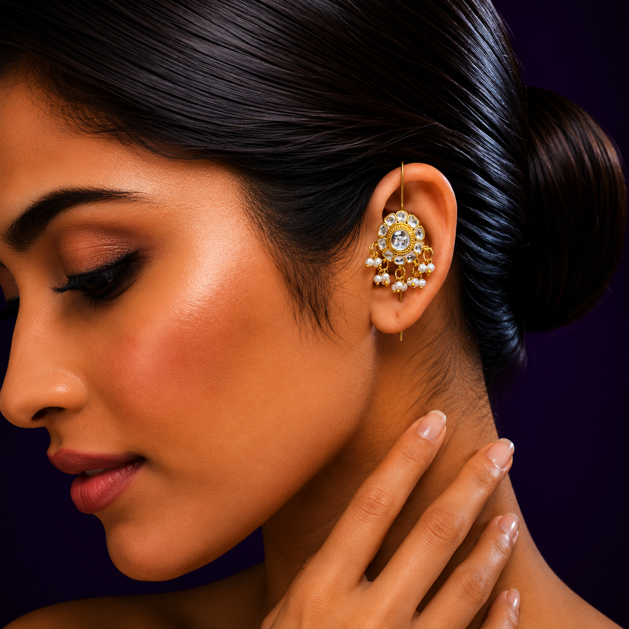 Round Floral Kunda White Earcuff