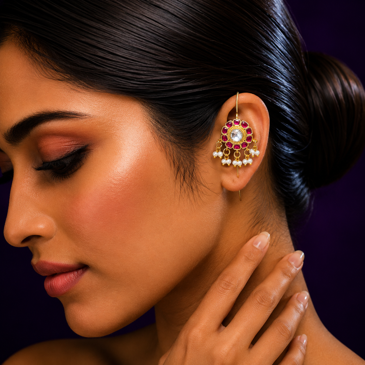 Round Floral Kunda Ruby Earcuff