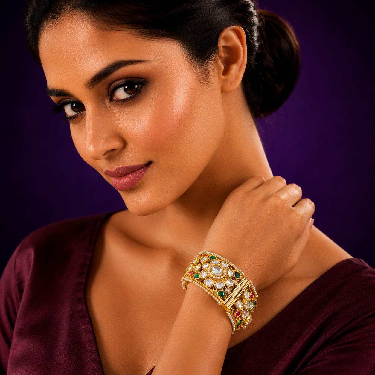 Paachi Kundan With Mossanites Broad Kada for woman