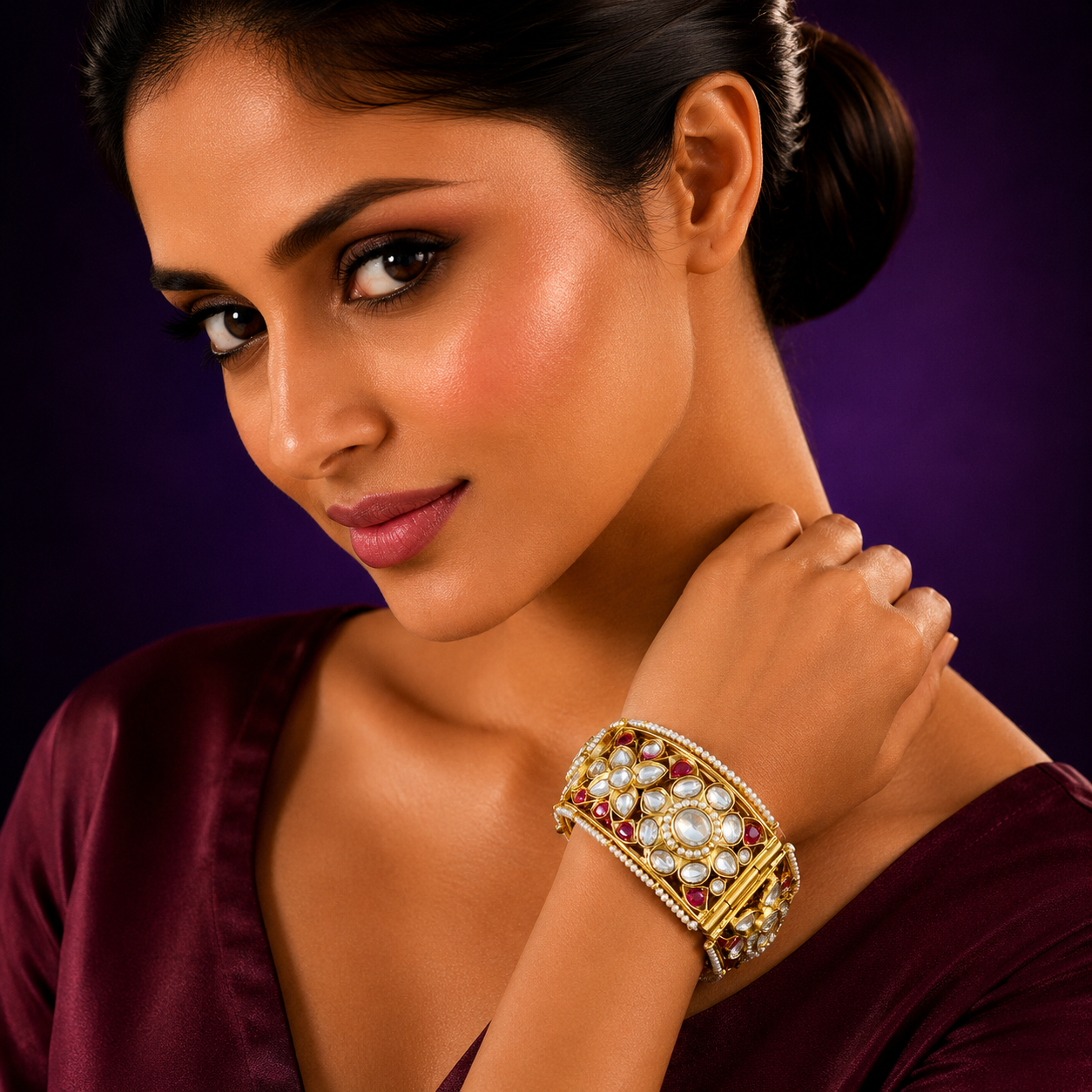 Paachi Kundan With Mossanites Broad Kada for woman