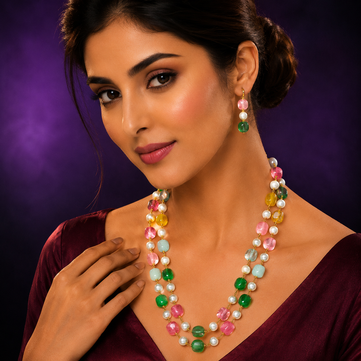 Avika two layered Multi and pearl mala for women