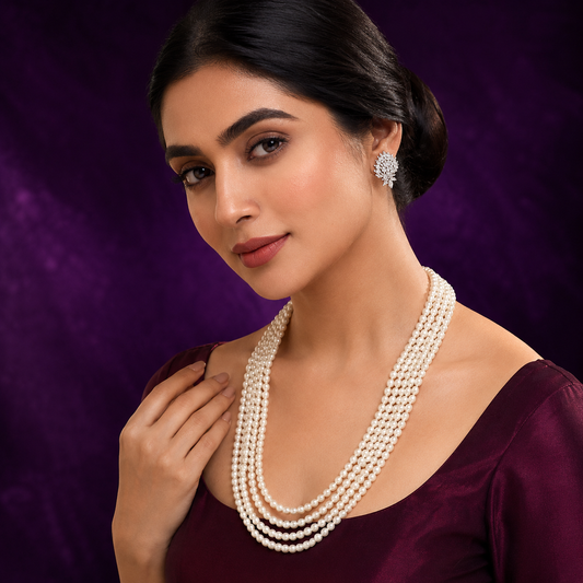 Drashti White Beads Five Layered Mala With Cz Studs For Women