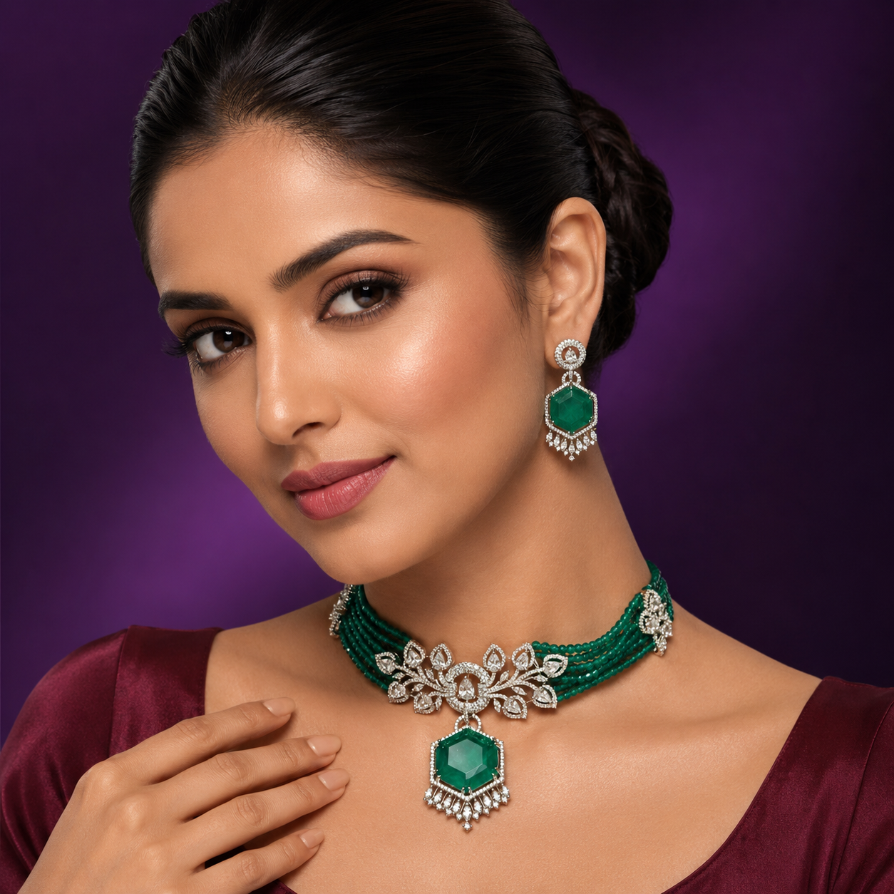 Beaded Choker IN CZ With Doublet Stone In Green