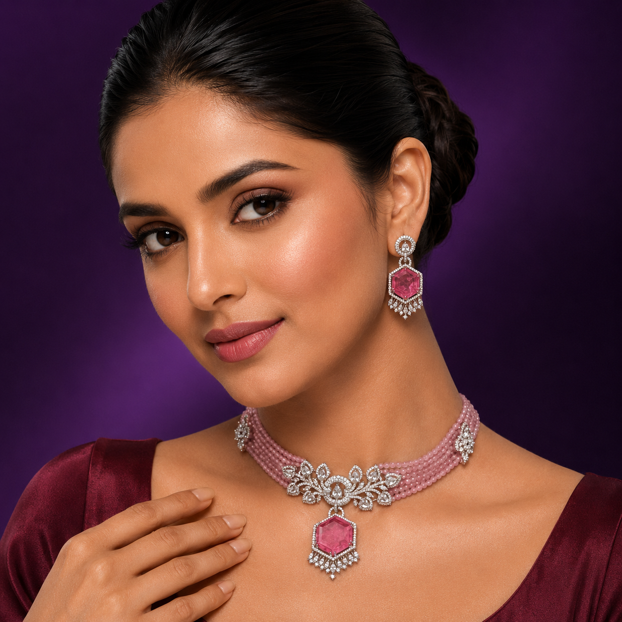 Beaded Choker IN CZ With Doublet Stone In Light Pink