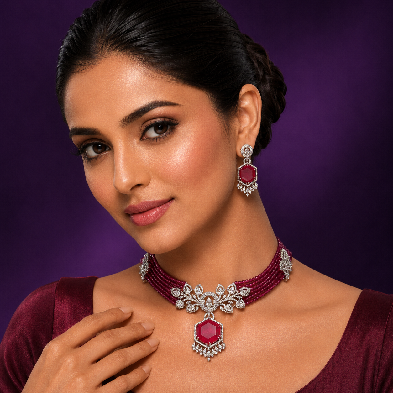 Beaded Choker IN CZ With Doublet Stone In Pink