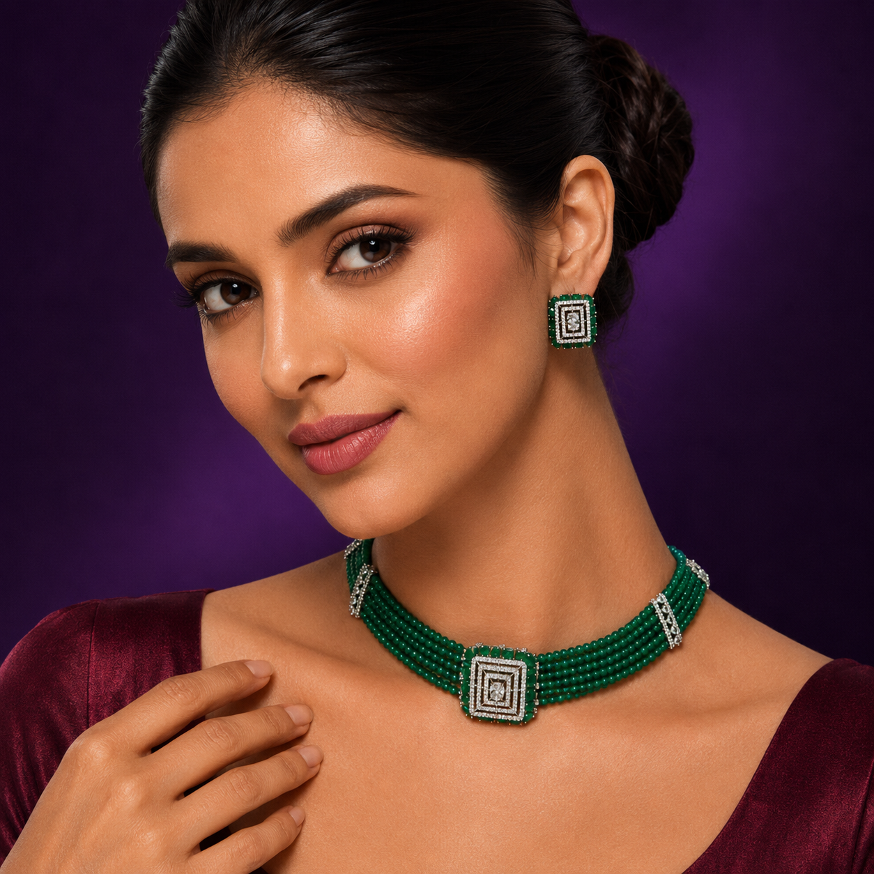 Square CZ With Beaded Choker In Green