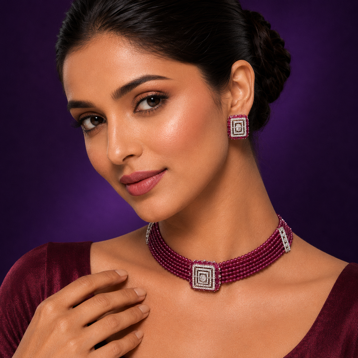 Square CZ With Beaded Choker In Ruby