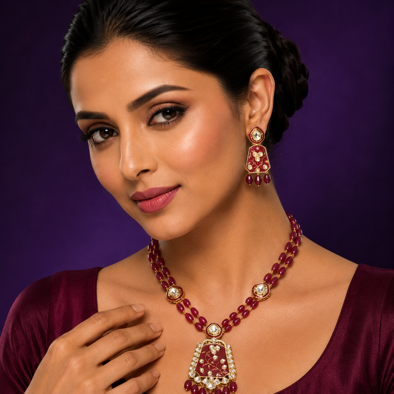 Long Meenakari With Kundan Red Necklace