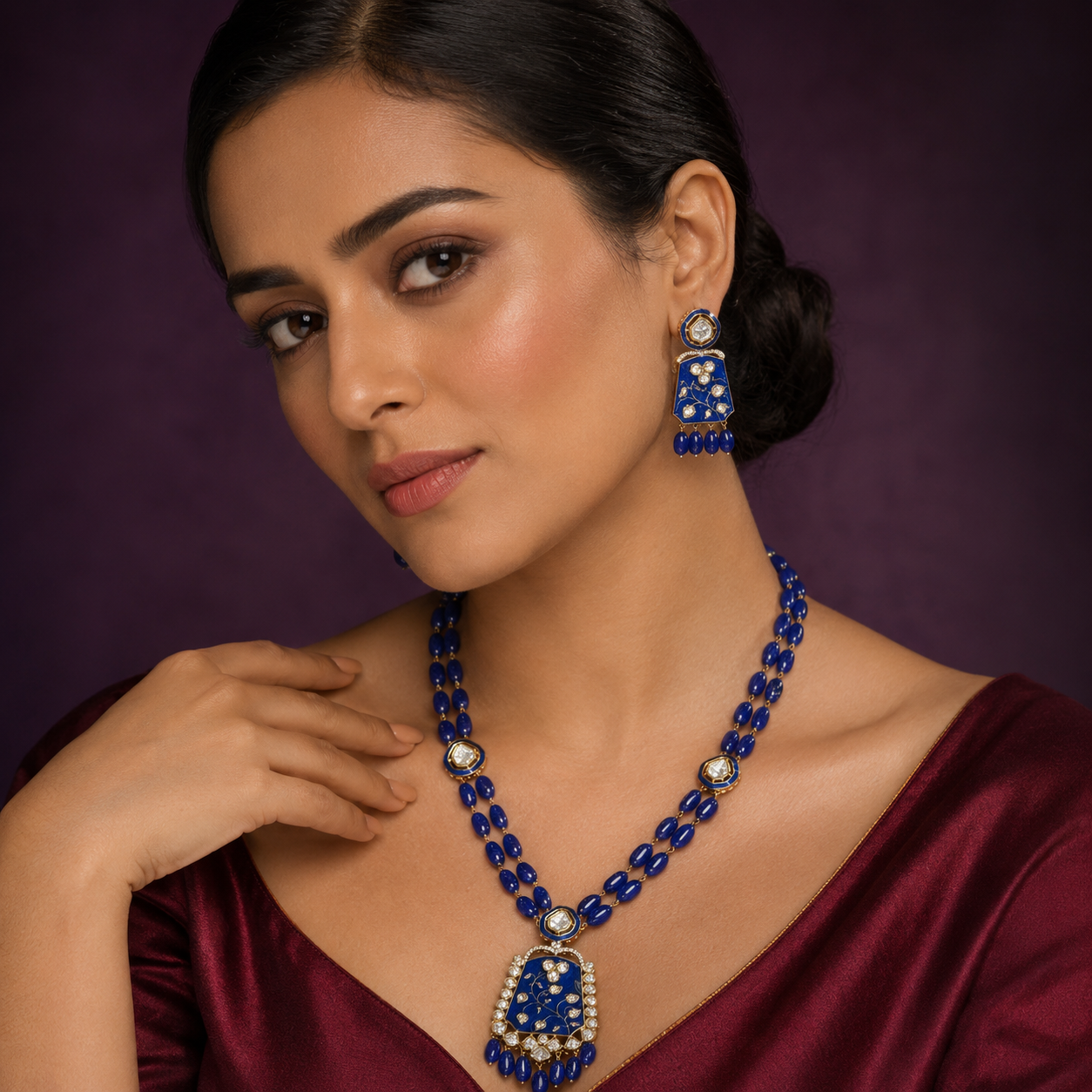 Long Meenakari With Kundan Blue Necklace