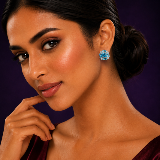 Aqua Princess Cut Statement Studs