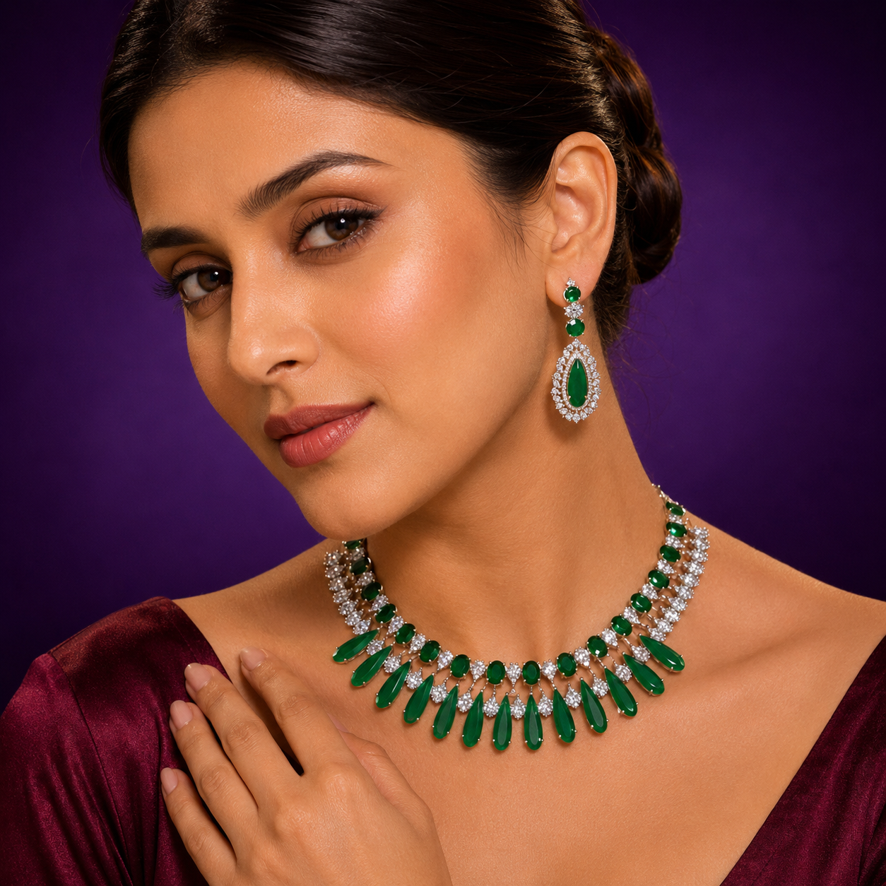 Double layer  Doublet Stones Necklace In Emerald Green