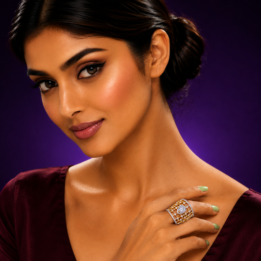 Cocktail With Zircon Golden Polish Ring