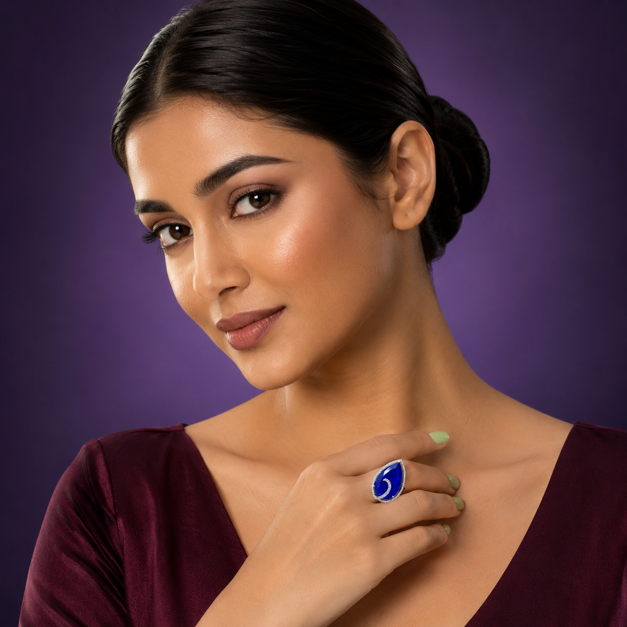 Doublet Stones Sapphire Blue Ring With CZ