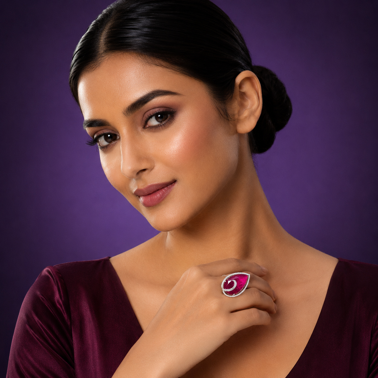 Doublet Stones HotPink Ring With CZ