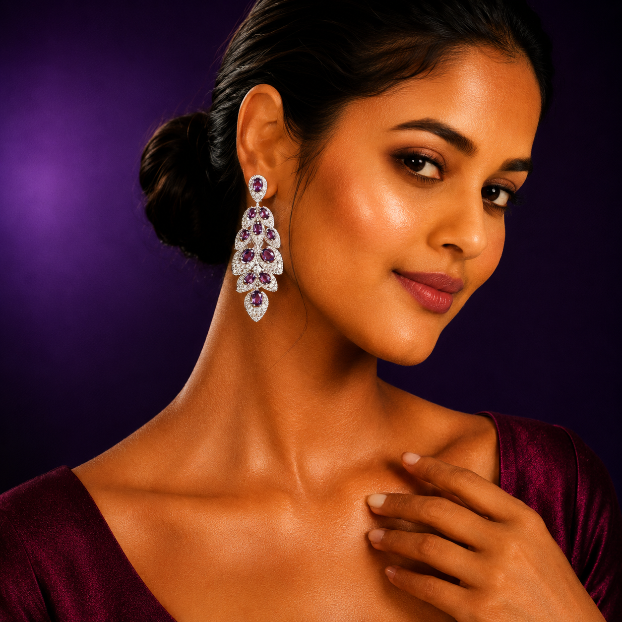Leafy Pattern CZ with Stone Purple Earring