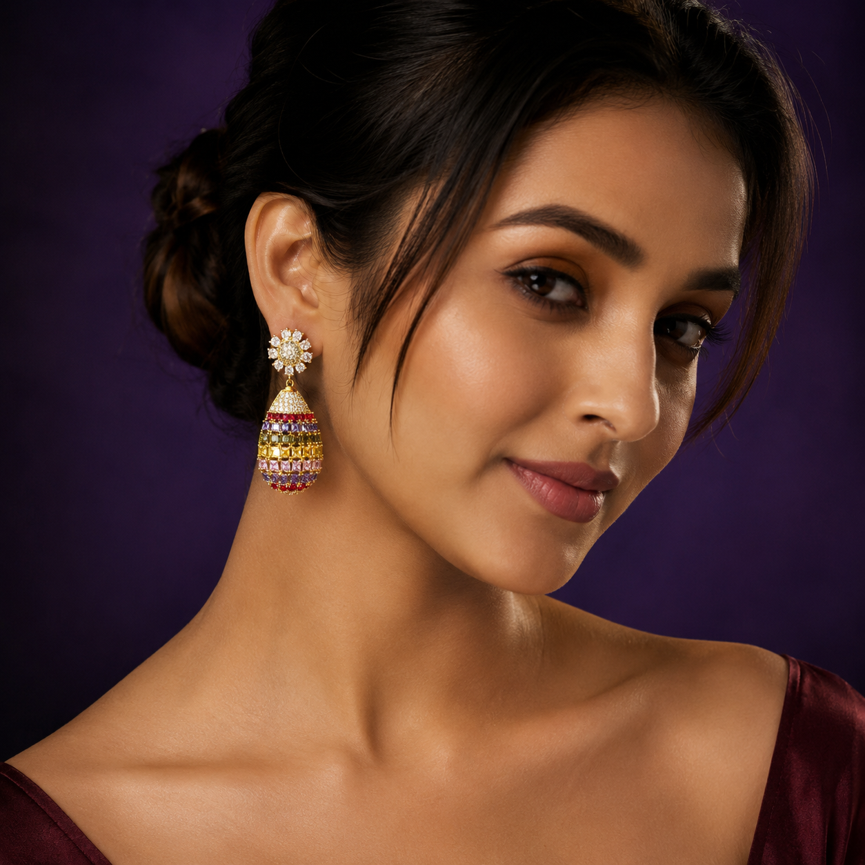 Multi Stones Half Jumka Earring
