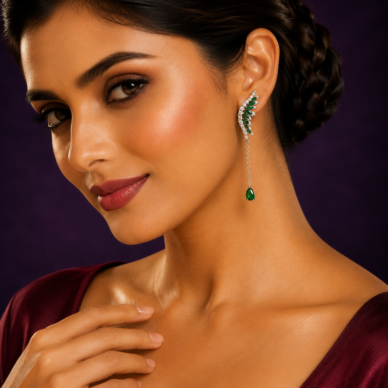 Crystal Earcuff With Green Teardrop Dangler