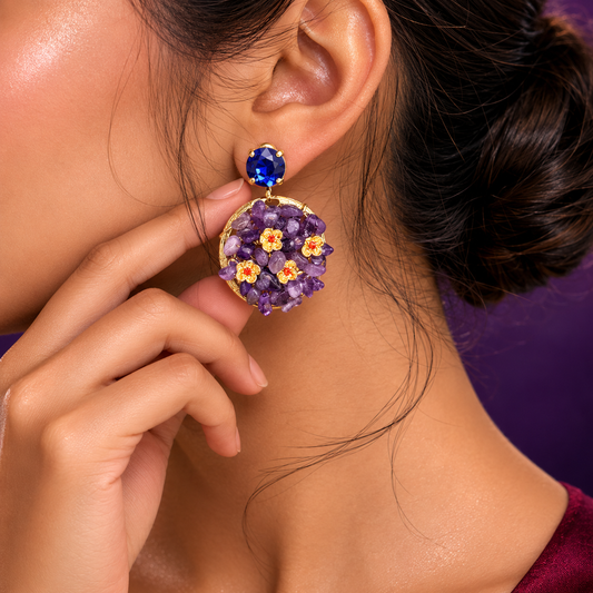 Purple Floral Art Round Earrings