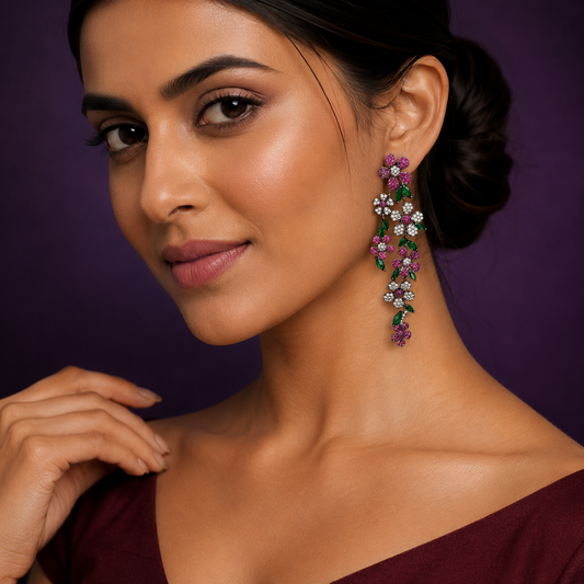 Flowers With Leafy Long CZ Earrngs