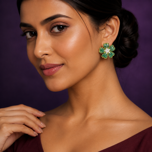 Green Shiny Floral Oversized Studs
