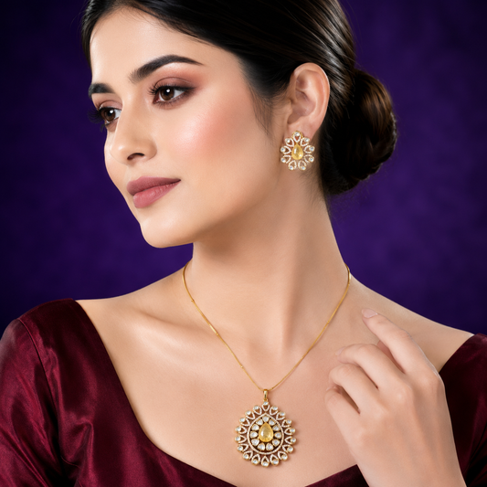 Yellow Doublet Kundan Pendant Set