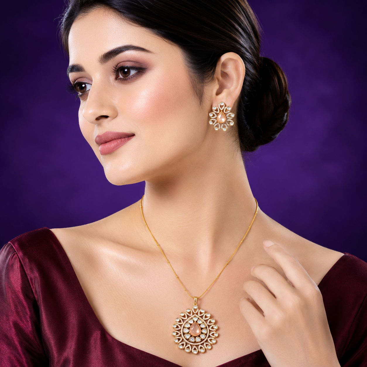 Peach Doublet Kundan Pendant Set