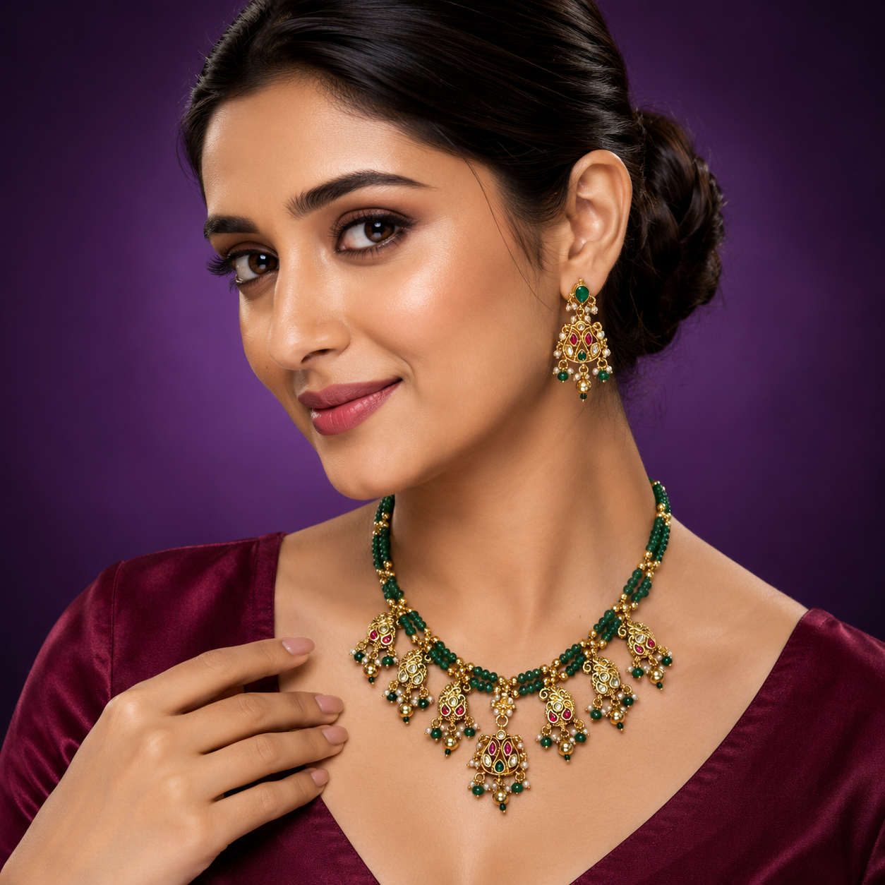 Double Line Beading With Gold Polish Motives Necklace