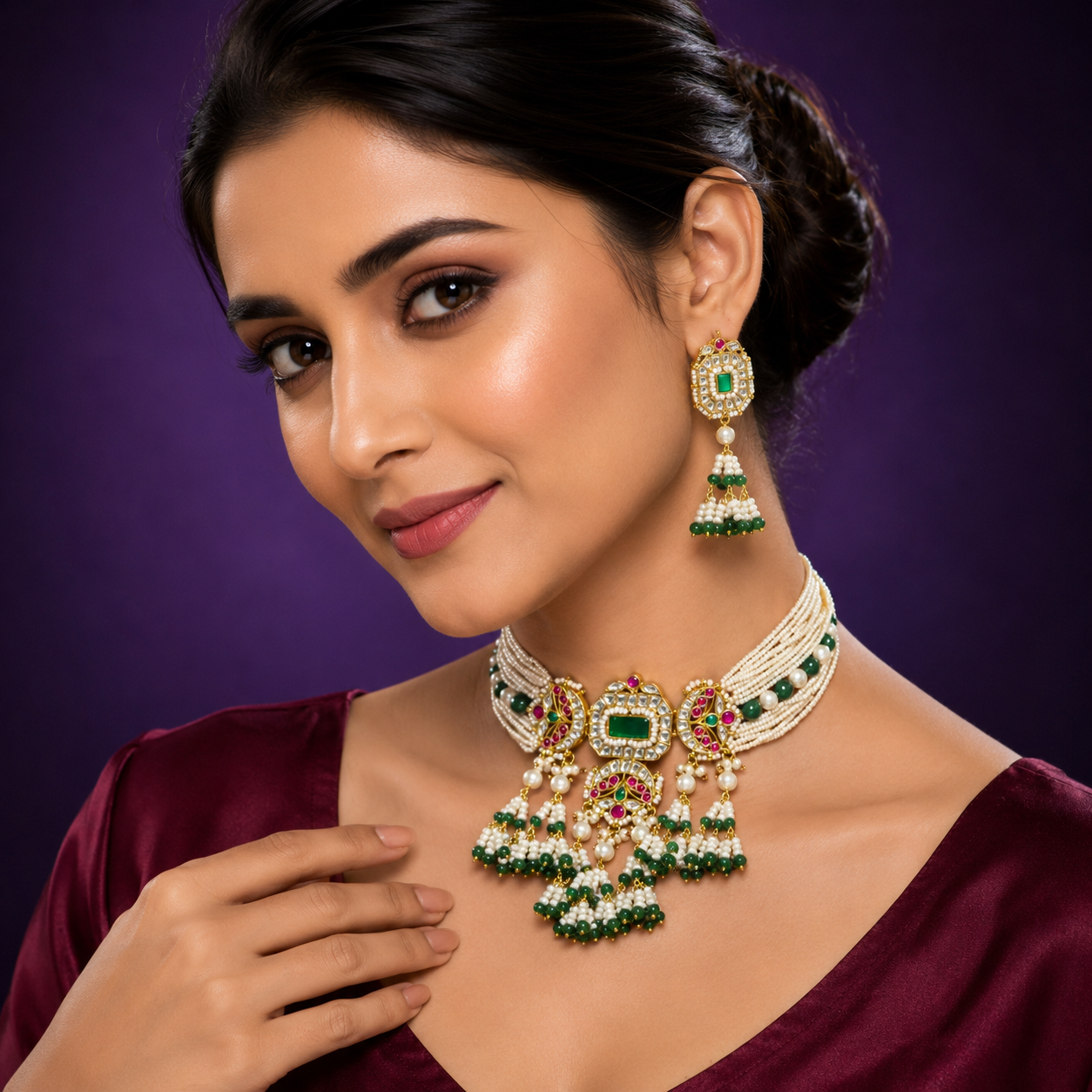 Multi Stone And Beading Choker With Paachi Kundan