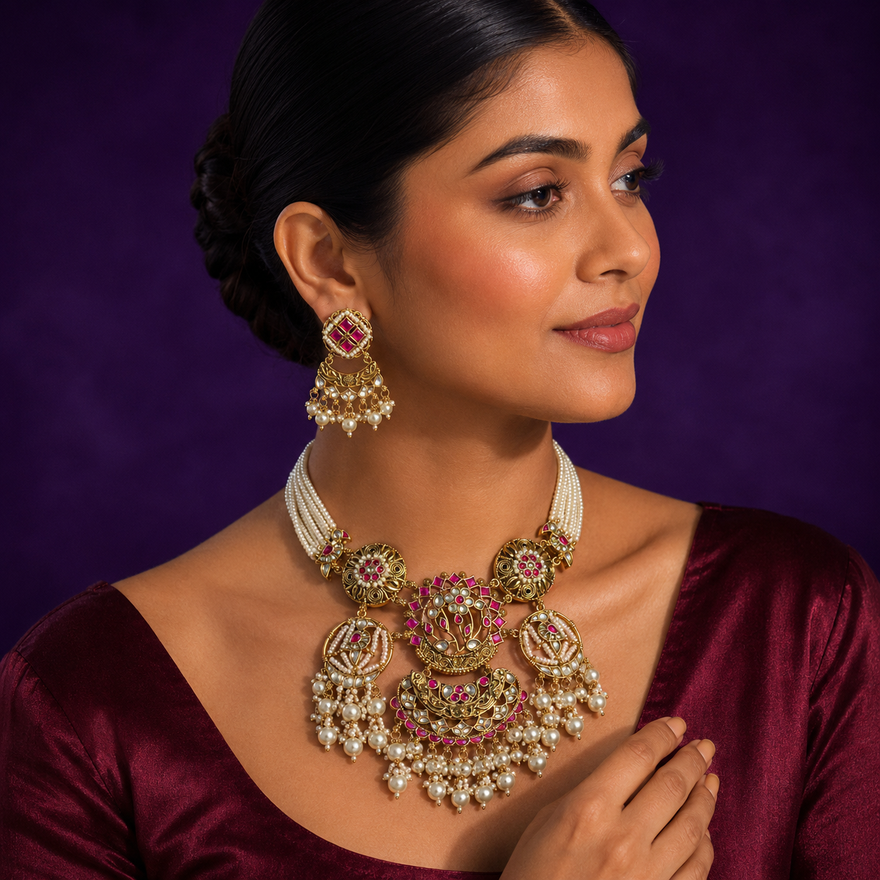 Heavy Paachi Kundan Nrckalce With Stones And Beading
