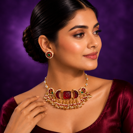 Carved Stone Choker With Pearl Beading